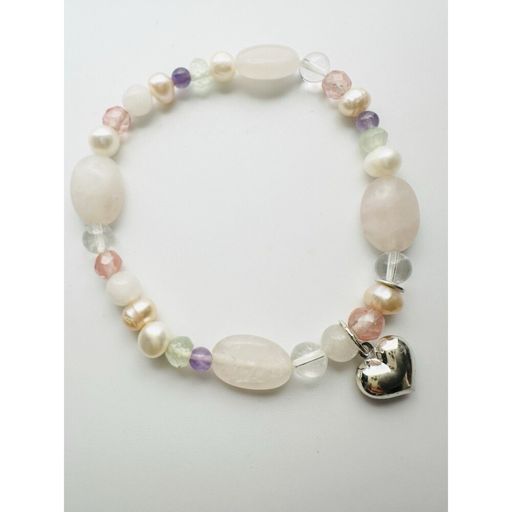925 Sterling Silver Heart Charm Semi Precious Stone Bead Bracelet Stretchy